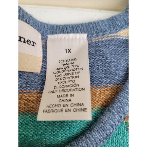 Alfred Dunner Short Sleeve Top Blue Tan Striped Embellished Knit Women's Size 1X - Picture 9 of 10